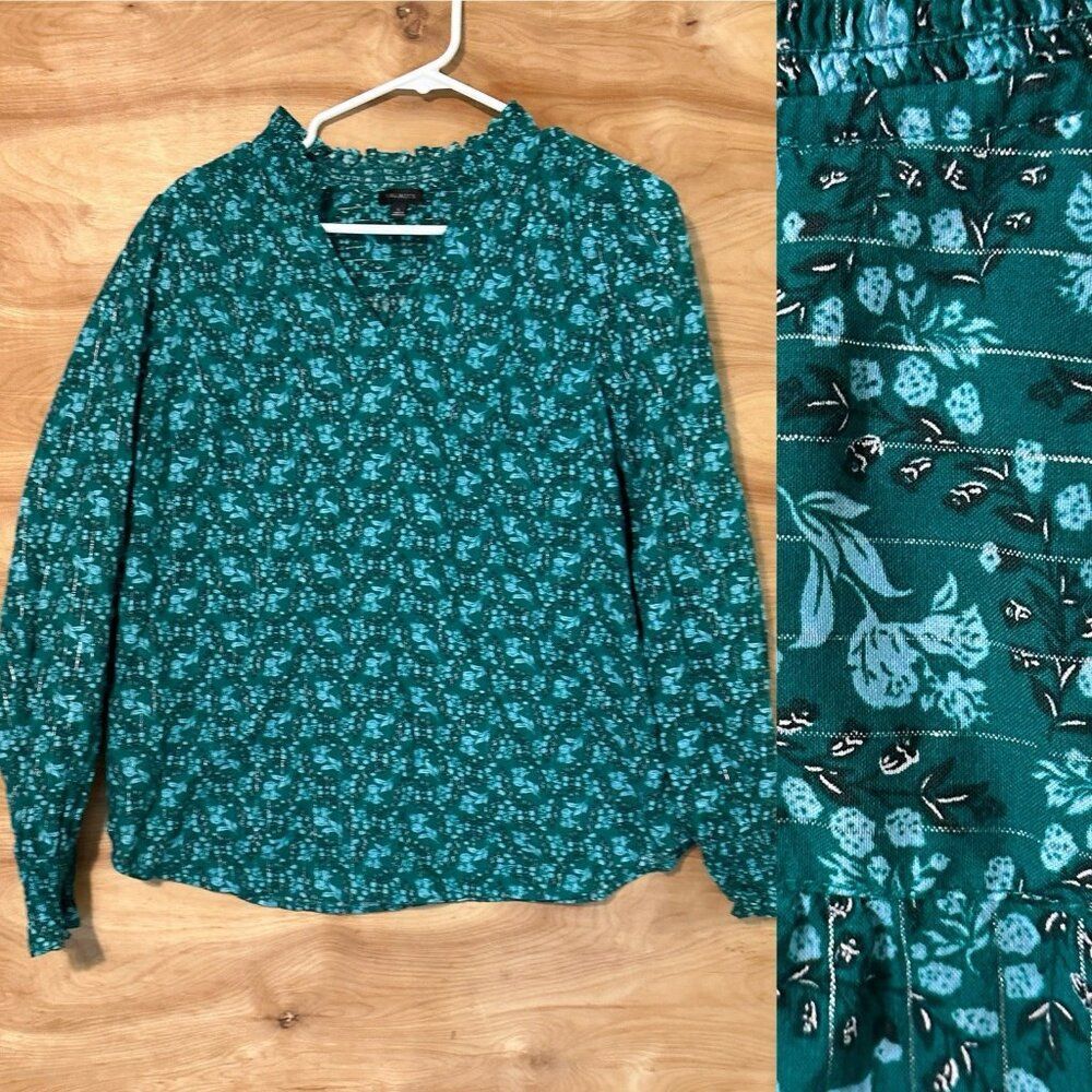 Talbots Large Smocked Top Blouse floral print Metallic Piping Long Sleeve